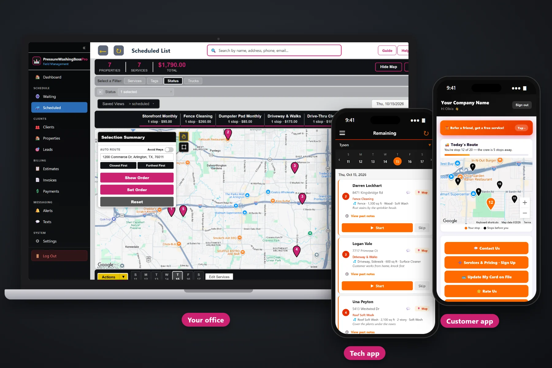 PressureWashingBossPro on a laptop showing the service waiting list and dispatch map, with the crew app and the customer app on two phones